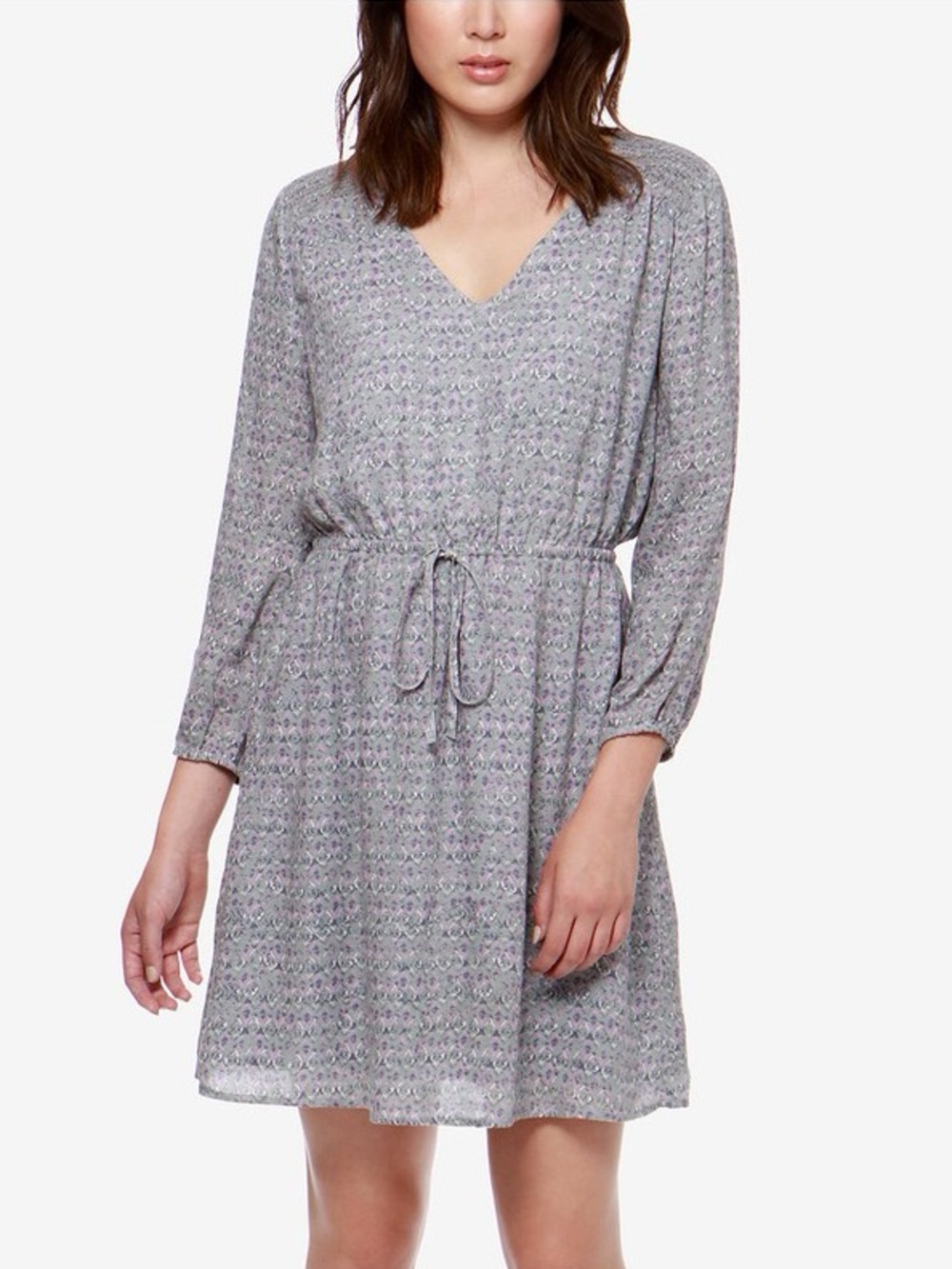 Lucky Brand Purple Patterned Long Sleeve Drawstring Waist Dress